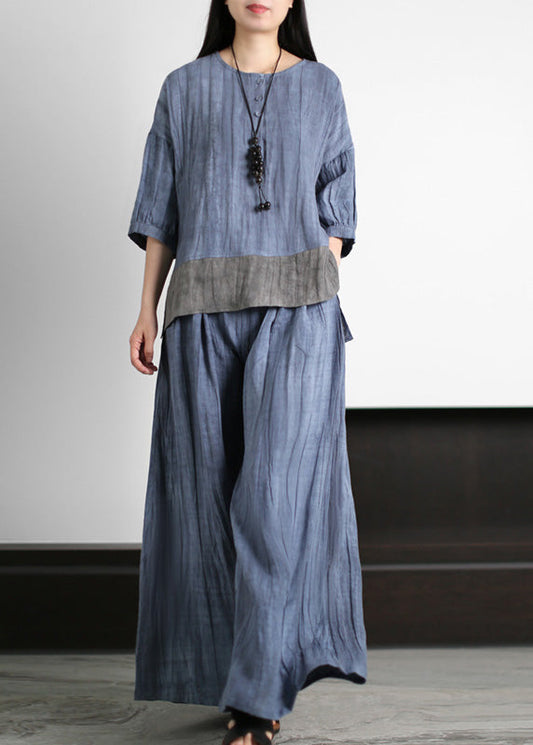 Handmade Blue O-Neck Patchwork Linen Top And Wide Leg Pants Two Piece Set Summer LY5195 - fabuloryshop