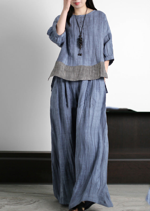 Handmade Blue O-Neck Patchwork Linen Top And Wide Leg Pants Two Piece Set Summer LY5195 - fabuloryshop