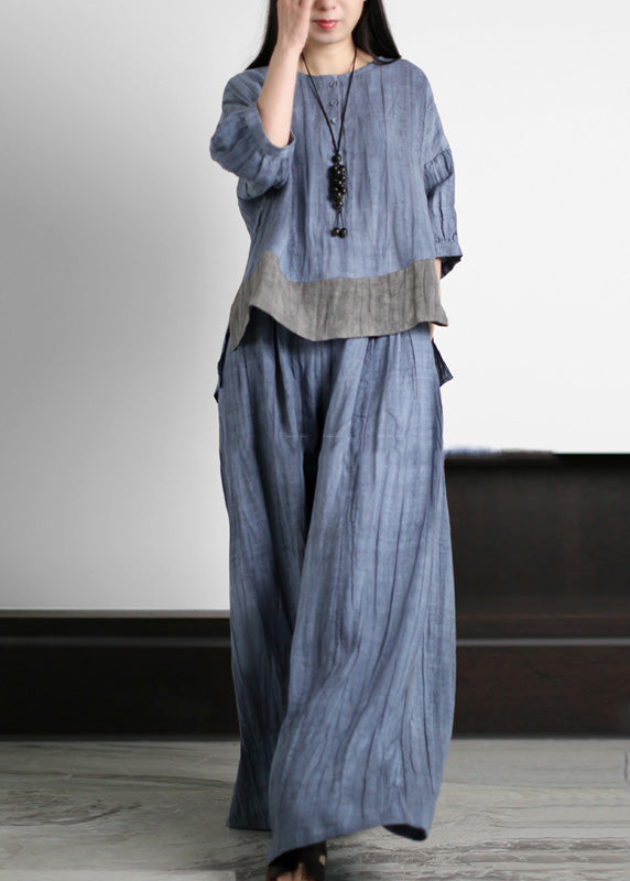 Handmade Blue O-Neck Patchwork Linen Top And Wide Leg Pants Two Piece Set Summer LY5195 - fabuloryshop