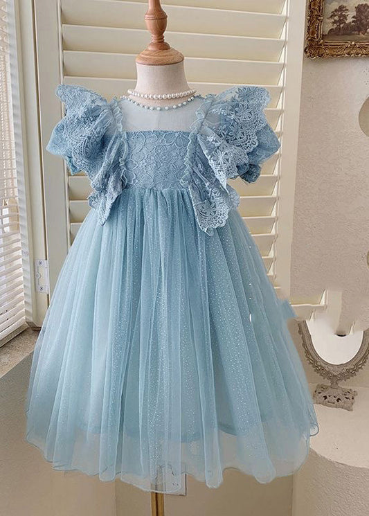 Handmade Blue O-Neck Patchwork Nail Bead Tulle Girls Maxi Dress Summer LY6435 - fabuloryshop