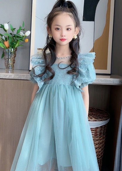 Handmade Blue O-Neck Patchwork Nail Bead Tulle Girls Maxi Dress Summer LY6435 - fabuloryshop