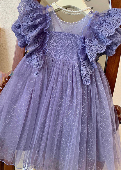 Handmade Blue O-Neck Patchwork Nail Bead Tulle Girls Maxi Dress Summer LY6435 - fabuloryshop