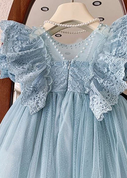 Handmade Blue O-Neck Patchwork Nail Bead Tulle Girls Maxi Dress Summer LY6435 - fabuloryshop