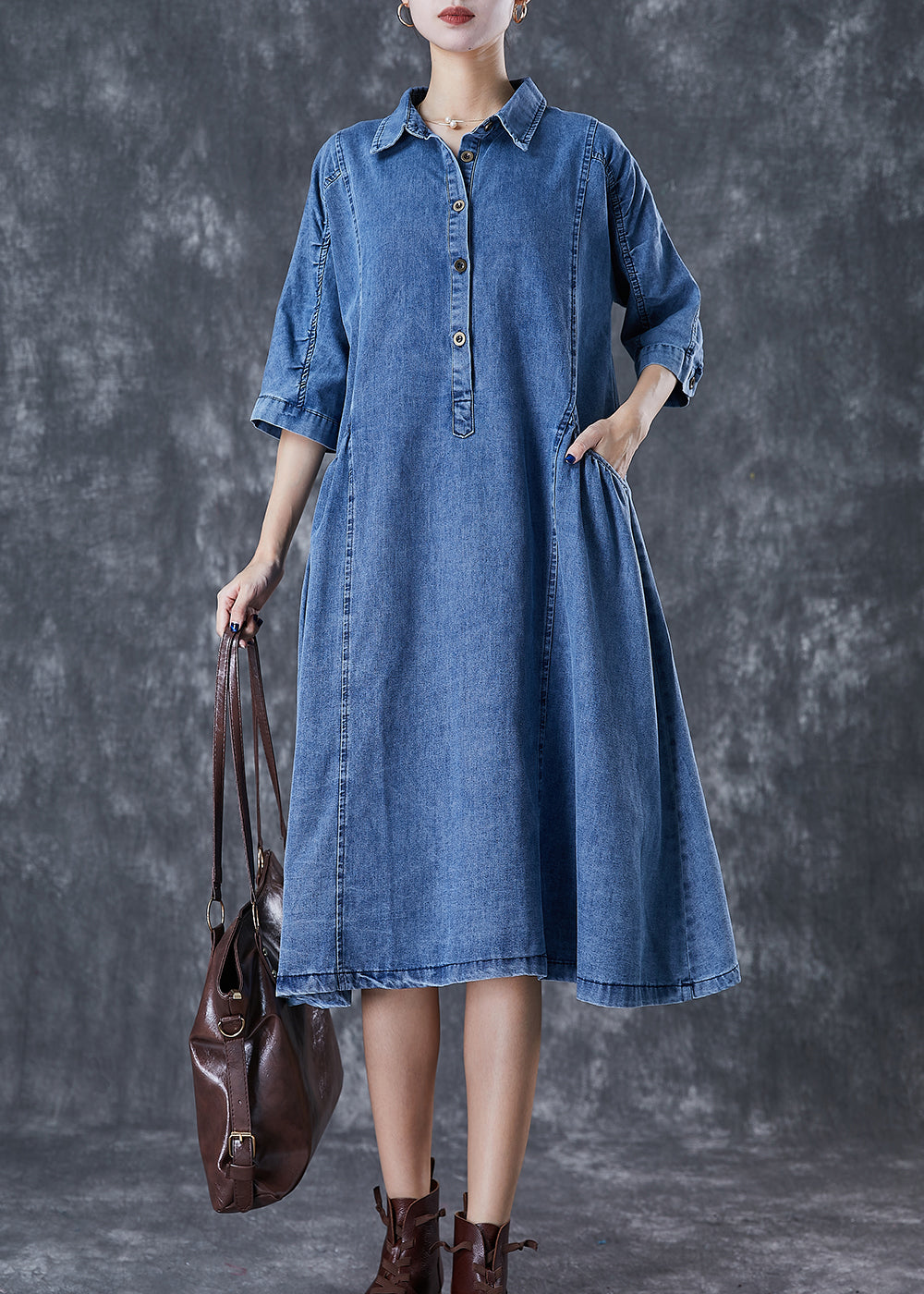 Handmade Blue Peter Pan Collar Denim A Line Dresses Half Sleeve Ada Fashion