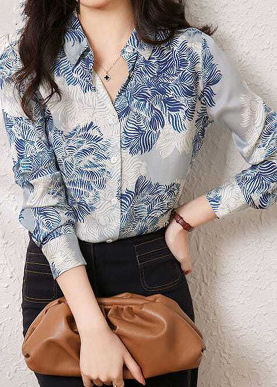 Handmade Blue Peter Pan Collar Print Silk Shirt Tops Spring LY0408 - fabuloryshop