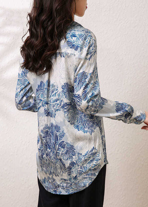 Handmade Blue Peter Pan Collar Print Silk Shirt Tops Spring LY0408 - fabuloryshop