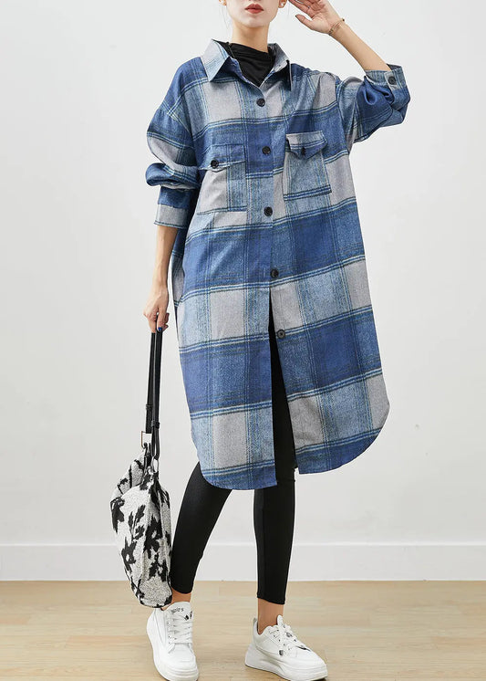 Handmade Blue Plaid Woolen Shirt Trench Coats Fall Ada Fashion