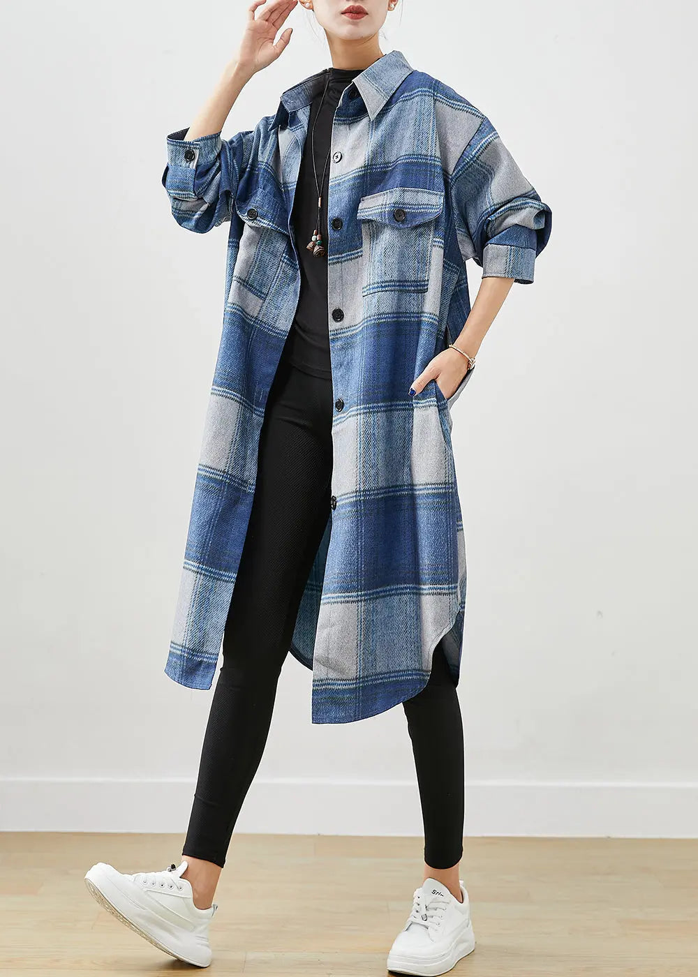 Handmade Blue Plaid Woolen Shirt Trench Coats Fall Ada Fashion