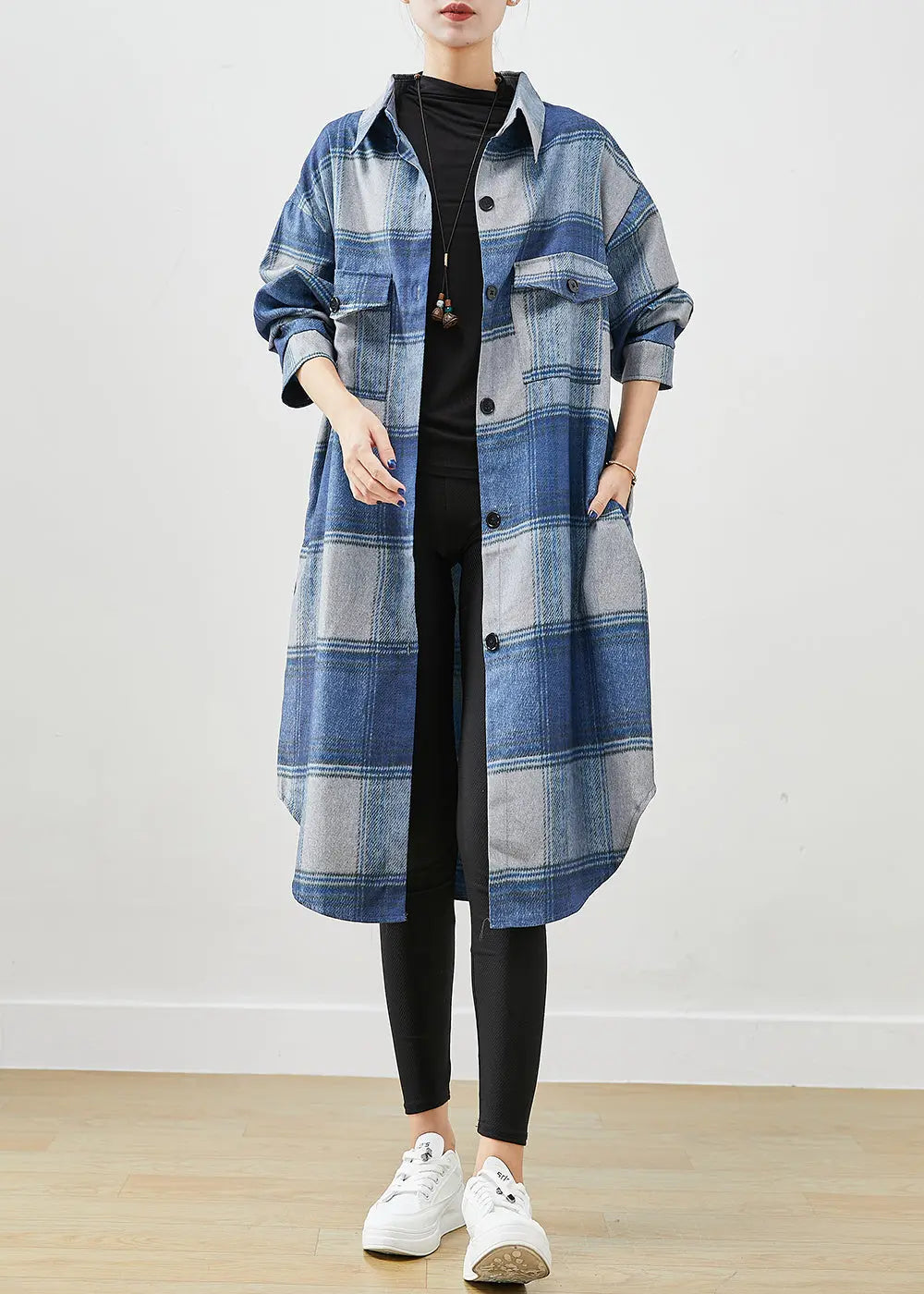 Handmade Blue Plaid Woolen Shirt Trench Coats Fall Ada Fashion