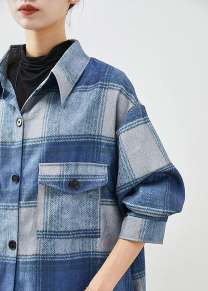 Handmade Blue Plaid Woolen Shirt Trench Coats Fall Ada Fashion