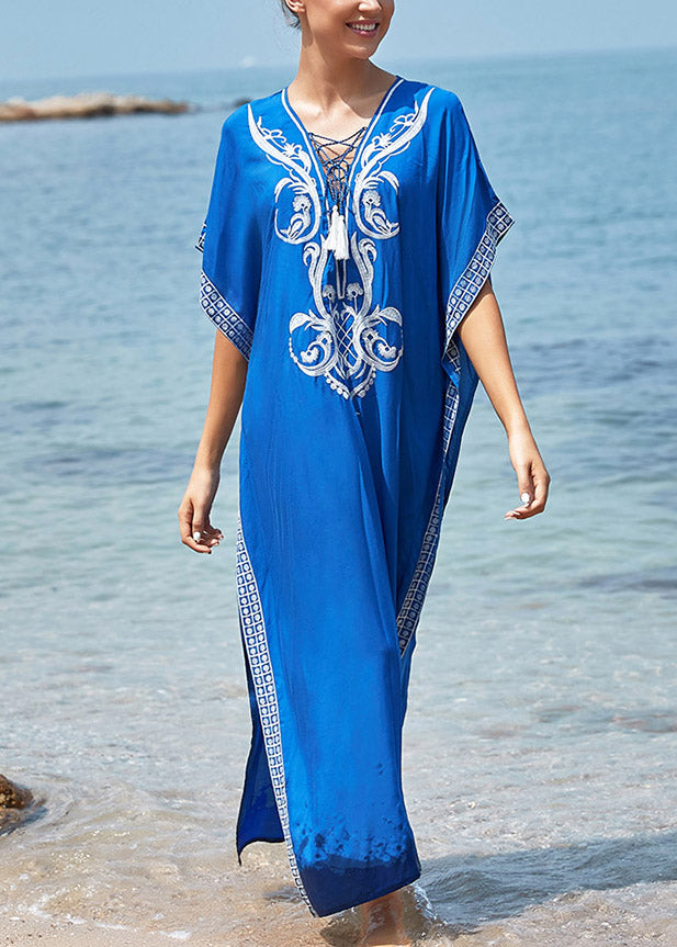 Handmade Blue V Neck Embroideried Floral Side Open Maxi BeachDress Summer LY3027 - fabuloryshop