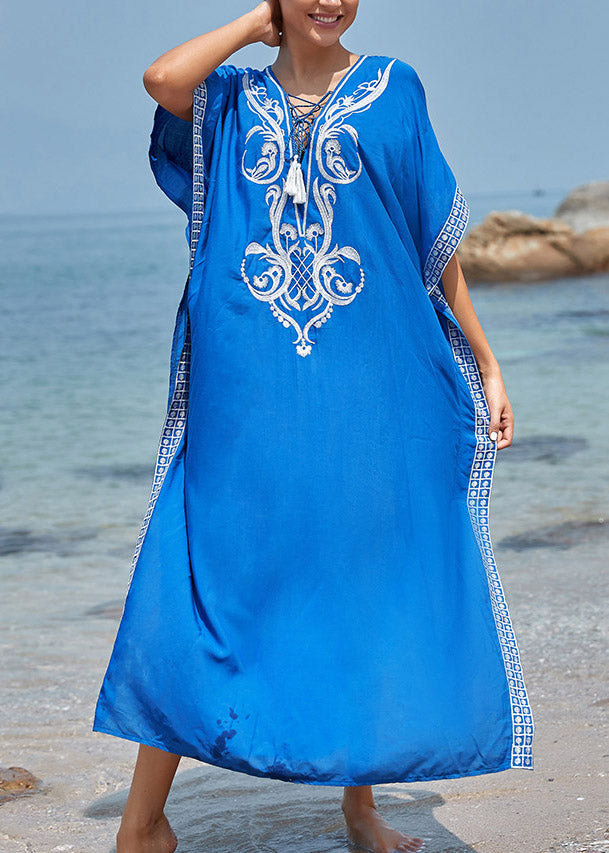 Handmade Blue V Neck Embroideried Floral Side Open Maxi BeachDress Summer LY3027 - fabuloryshop