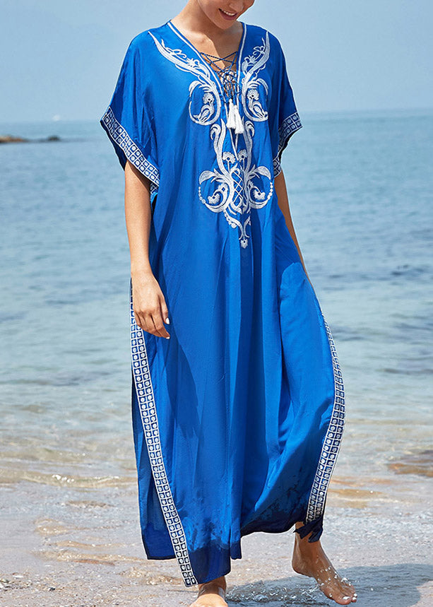 Handmade Blue V Neck Embroideried Floral Side Open Maxi BeachDress Summer LY3027 - fabuloryshop