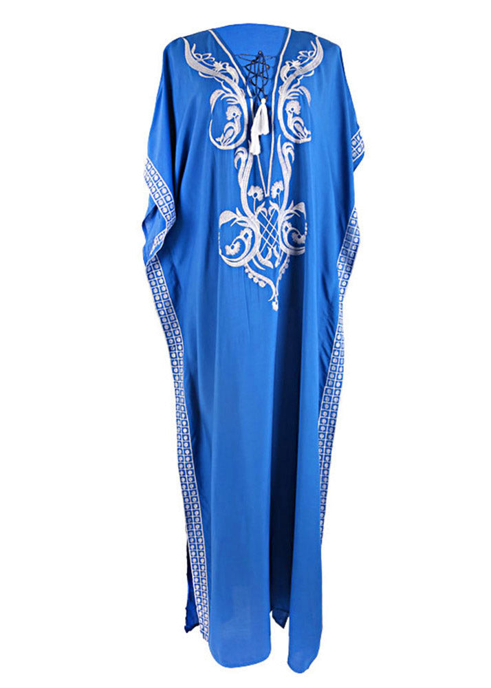 Handmade Blue V Neck Embroideried Floral Side Open Maxi BeachDress Summer LY3027 - fabuloryshop