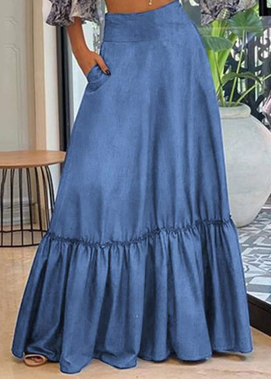 Handmade Blue Wrinkled Patchwork High Waist Denim Maxi Skirt Summer LY3997 - fabuloryshop