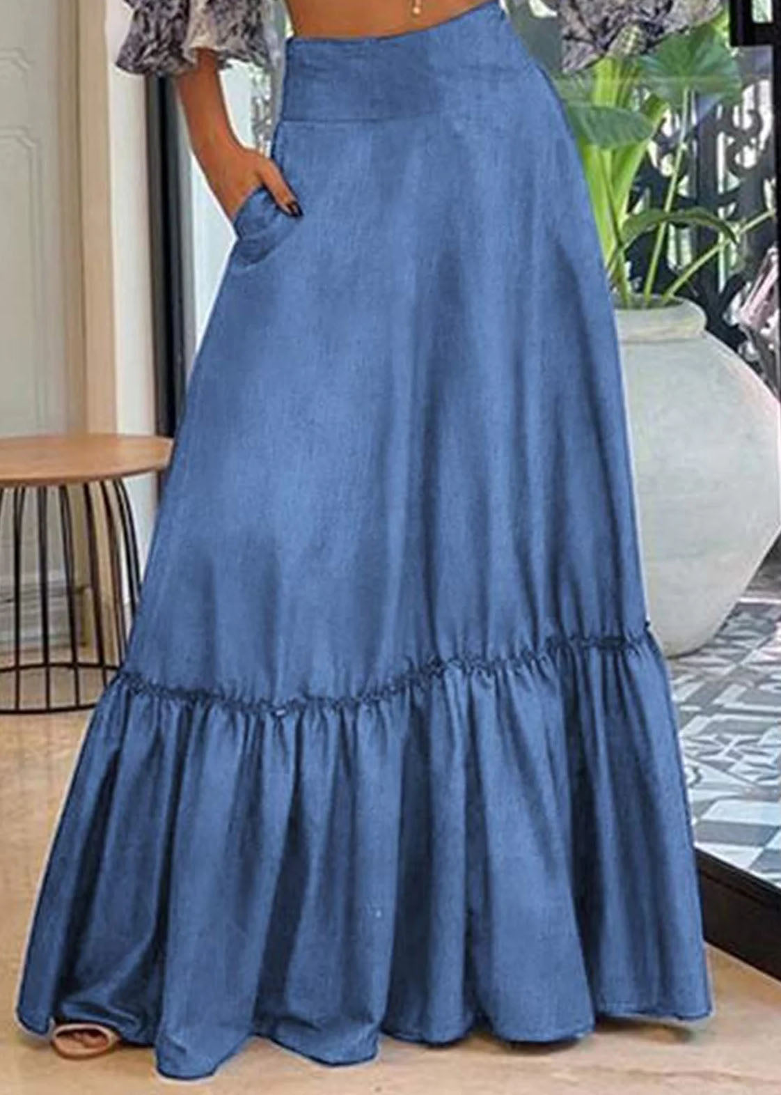 Handmade Blue Wrinkled Patchwork High Waist Denim Maxi Skirt Summer LY3997 - fabuloryshop