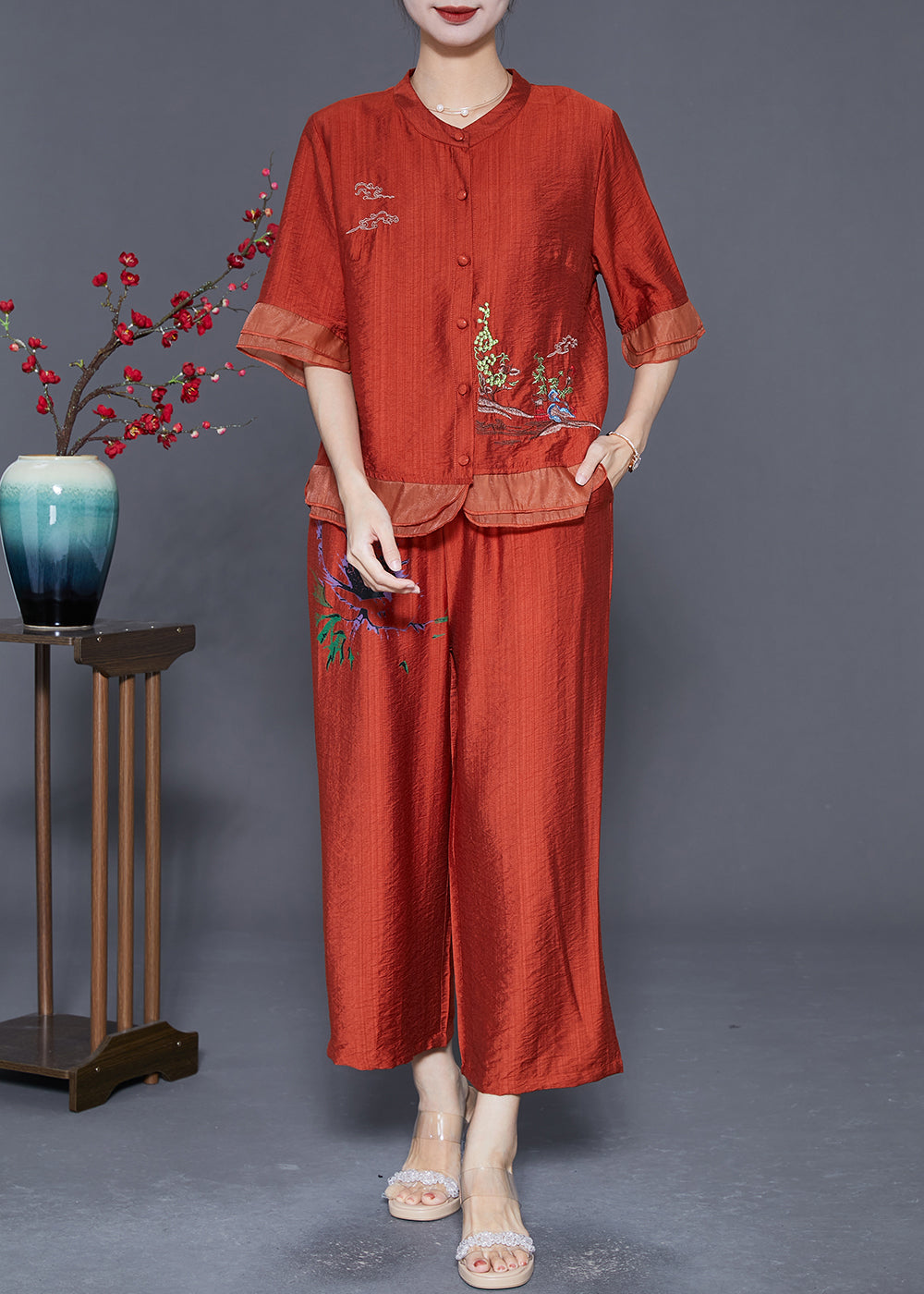 Handmade Brick Red Embroideried Patchwork Linen Silk Two Pieces Set Summer LY5578 - fabuloryshop