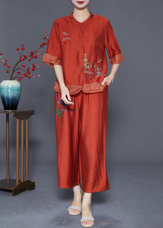 Handmade Brick Red Embroideried Patchwork Linen Silk Two Pieces Set Summer LY5578 - fabuloryshop
