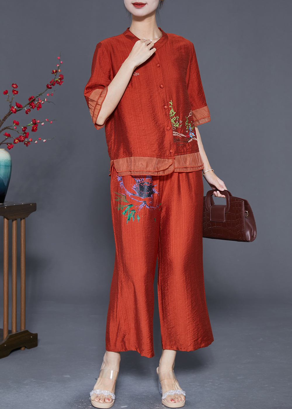 Handmade Brick Red Embroideried Patchwork Linen Silk Two Pieces Set Summer LY5578 - fabuloryshop