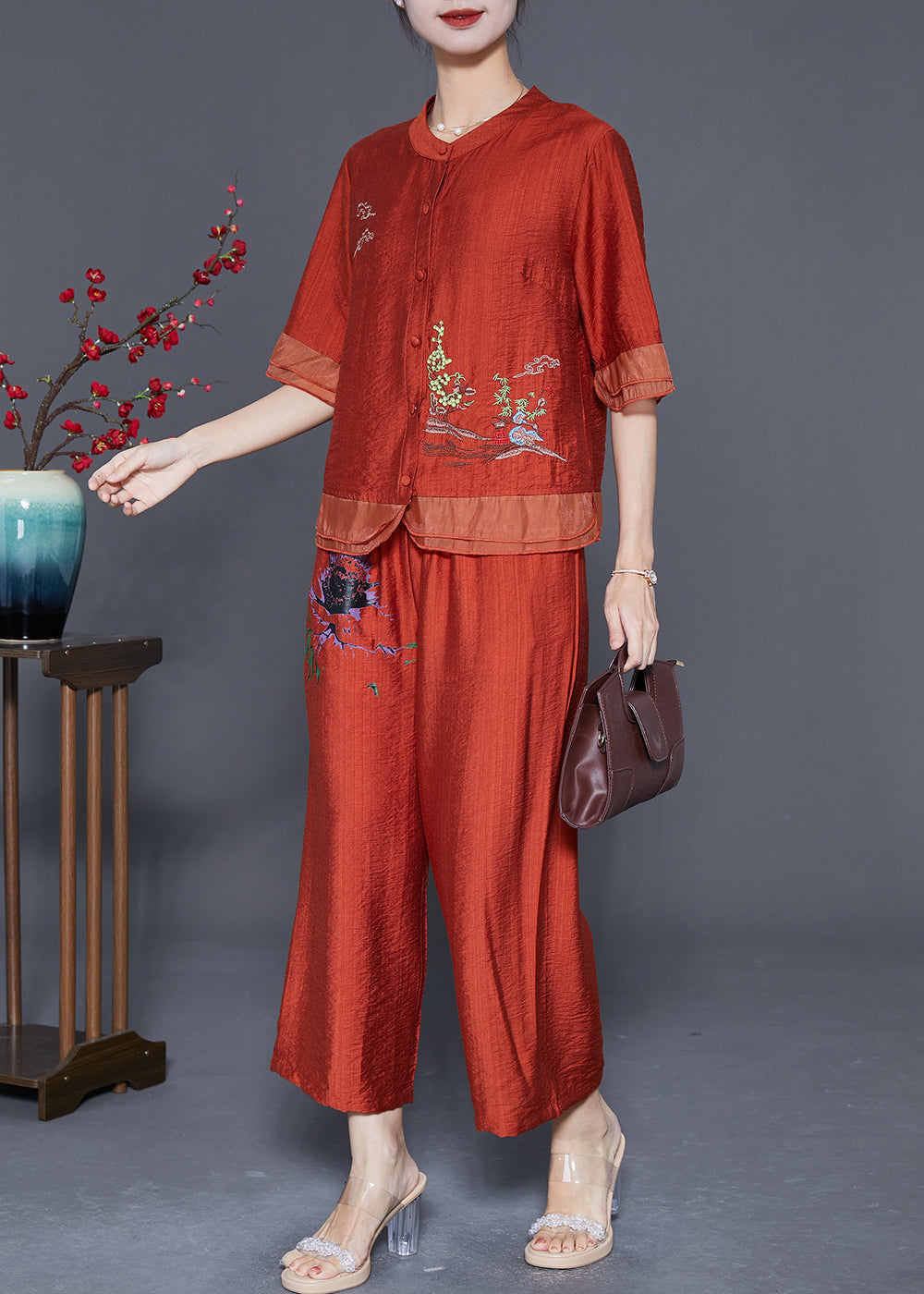 Handmade Brick Red Embroideried Patchwork Linen Silk Two Pieces Set Summer LY5578 - fabuloryshop