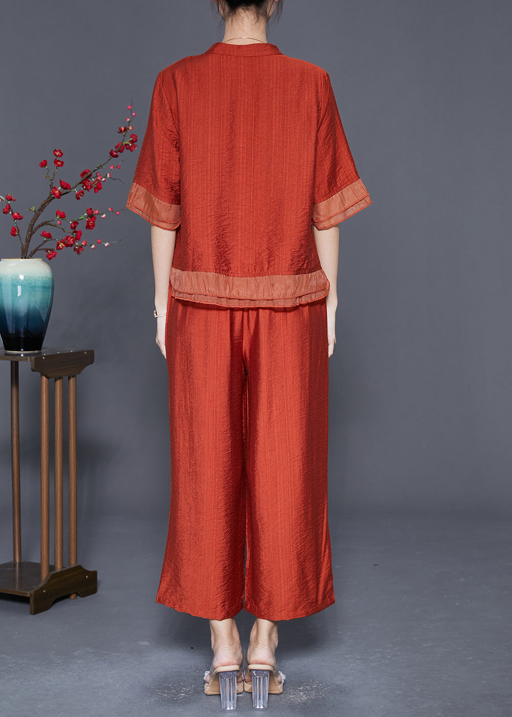 Handmade Brick Red Embroideried Patchwork Linen Silk Two Pieces Set Summer LY5578 - fabuloryshop