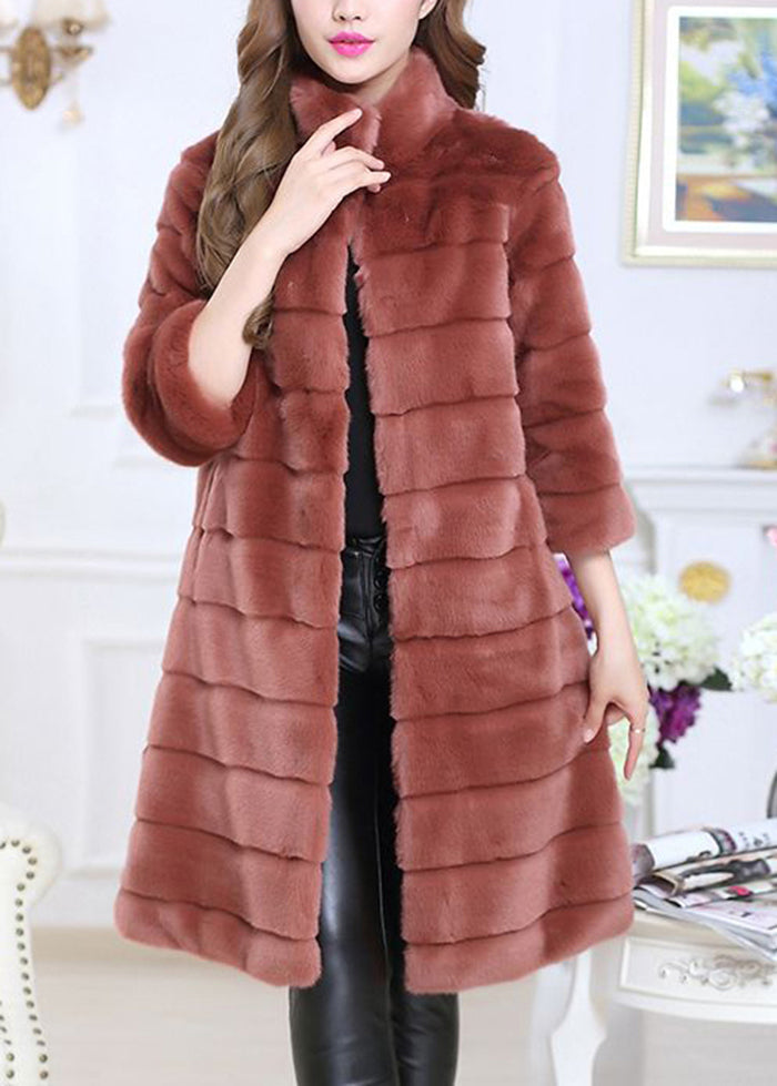 Handmade Brick Red Oversized Thick Fuzzy Fur Fluffy Coat Half Sleeve Ada Fashion