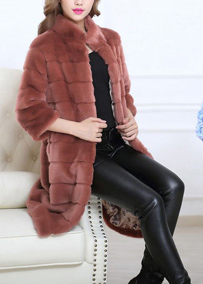 Handmade Brick Red Oversized Thick Fuzzy Fur Fluffy Coat Half Sleeve Ada Fashion