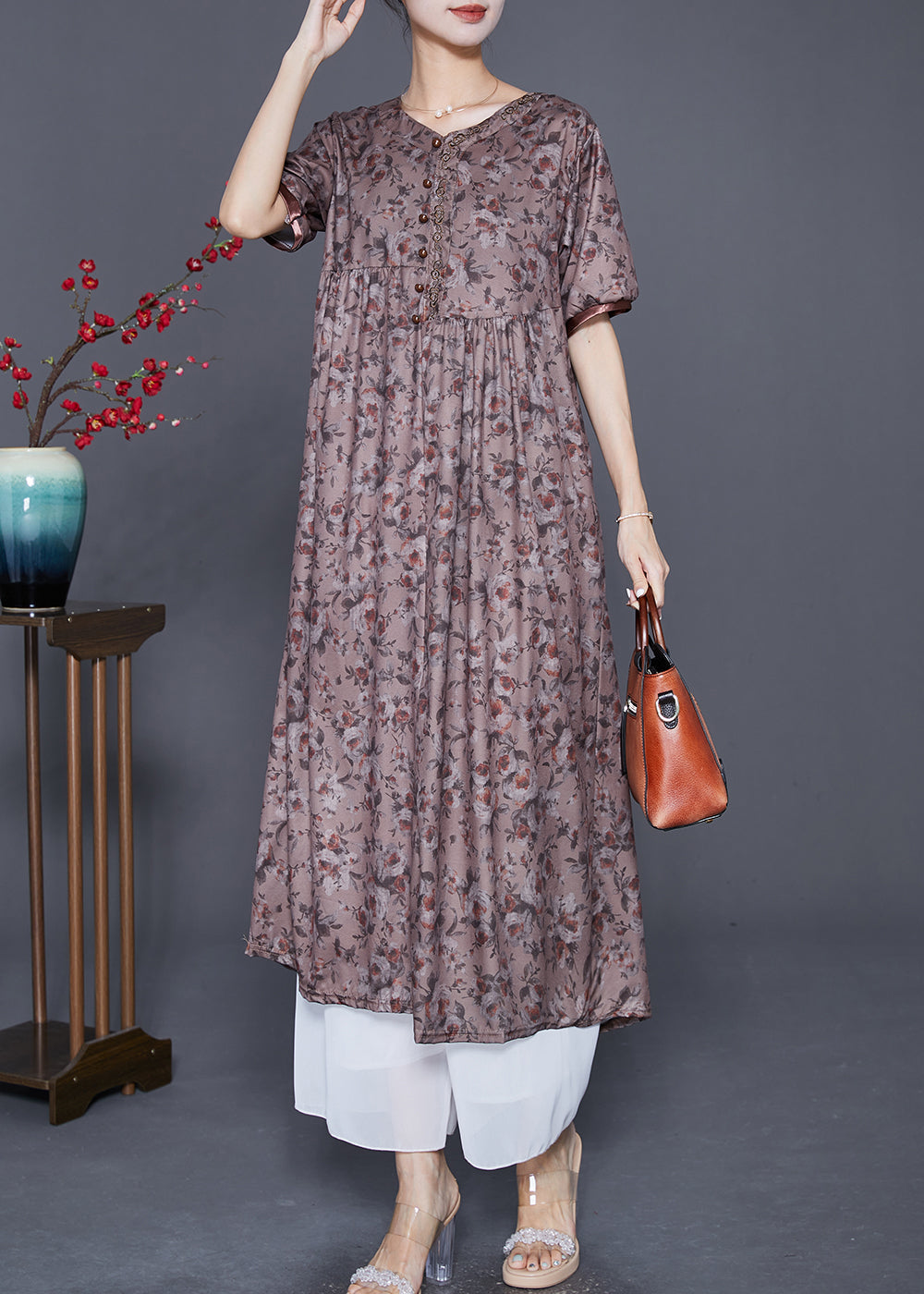 Handmade Brown Embroideried Print Button Cotton Dress Summer LY7666