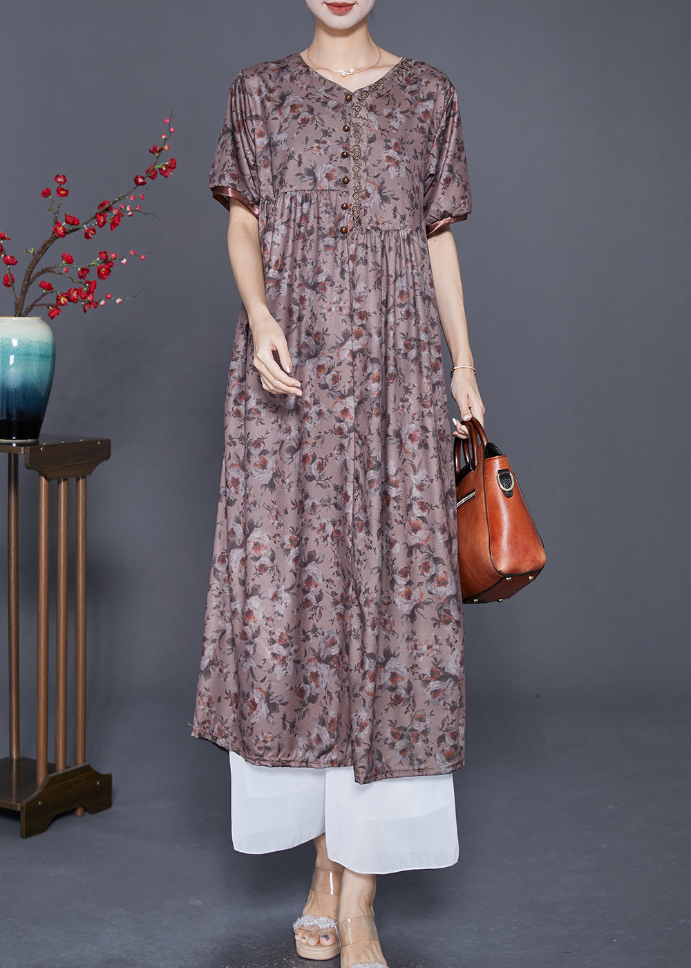 Handmade Brown Embroideried Print Button Cotton Dress Summer LY7666