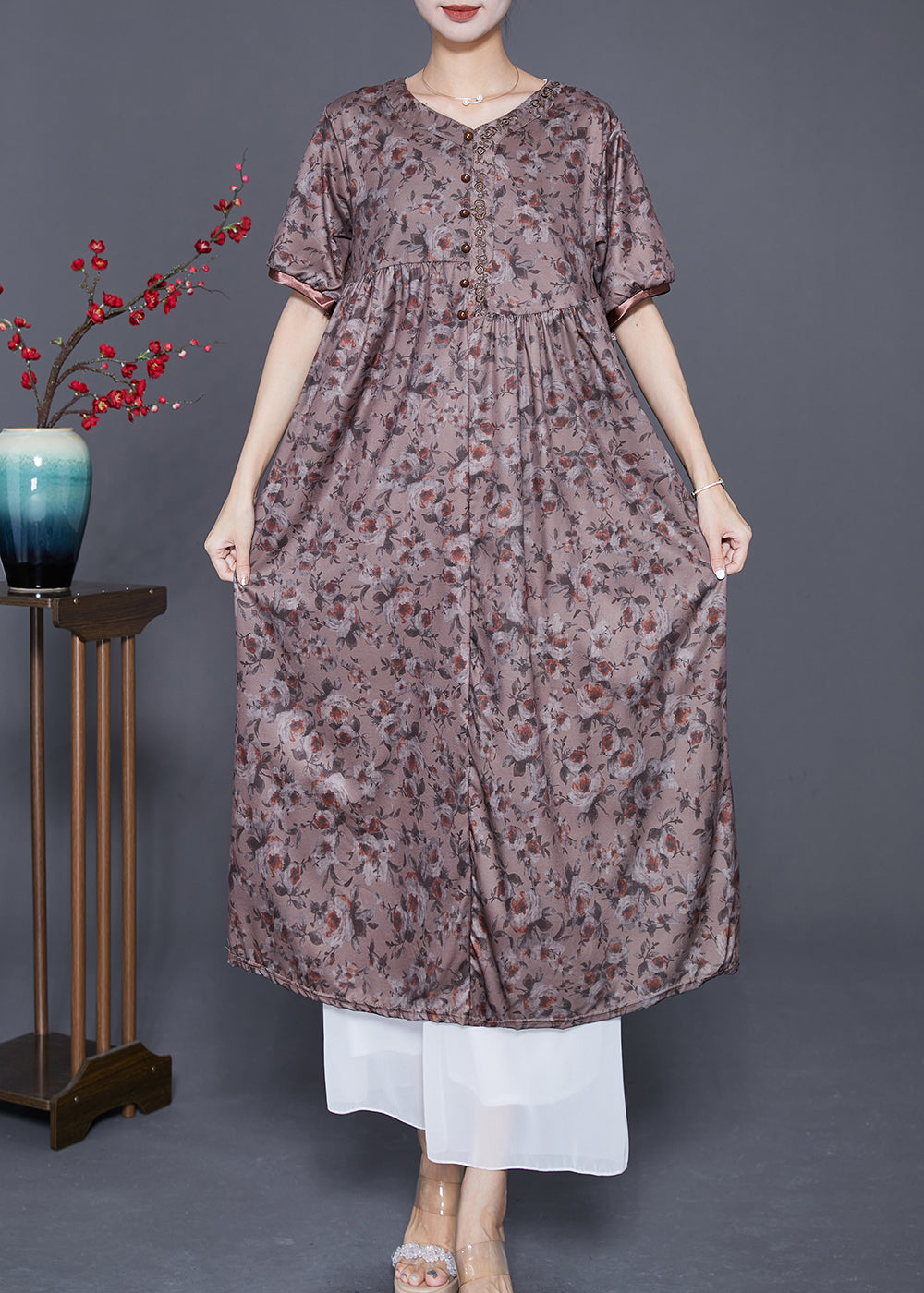 Handmade Brown Embroideried Print Button Cotton Dress Summer LY7666