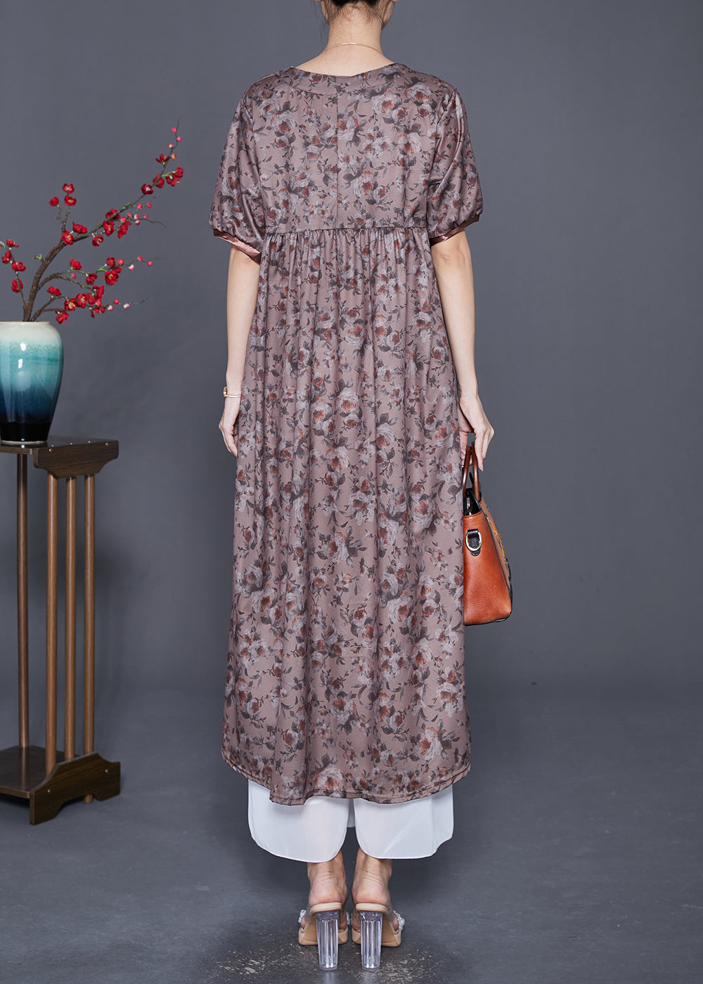Handmade Brown Embroideried Print Button Cotton Dress Summer LY7666