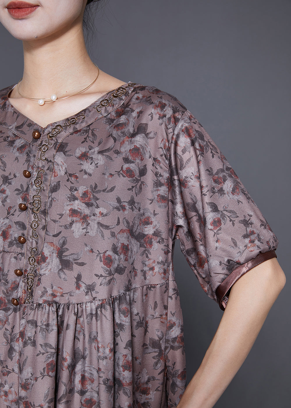 Handmade Brown Embroideried Print Button Cotton Dress Summer LY7666
