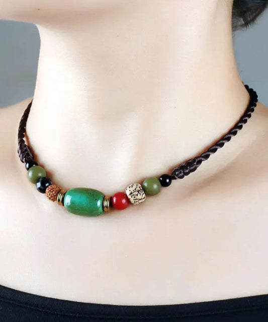 Handmade Brown Hand Knitting Turquoise Pipal Tree Seed Gratuated Bead Necklace Ada Fashion