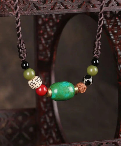 Handmade Brown Hand Knitting Turquoise Pipal Tree Seed Gratuated Bead Necklace Ada Fashion