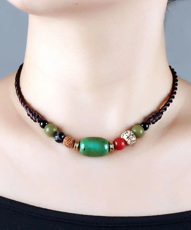 Handmade Brown Hand Knitting Turquoise Pipal Tree Seed Gratuated Bead Necklace Ada Fashion