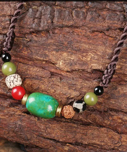 Handmade Brown Hand Knitting Turquoise Pipal Tree Seed Gratuated Bead Necklace Ada Fashion