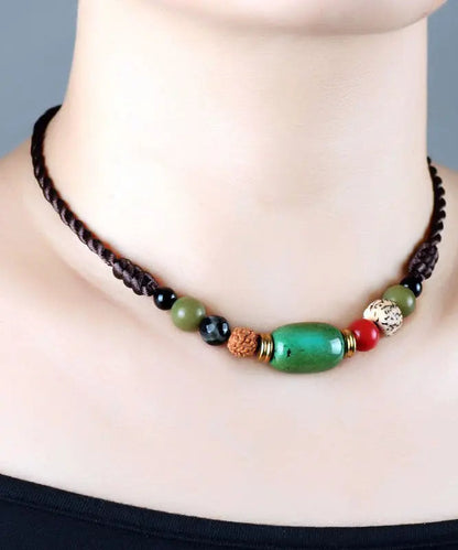 Handmade Brown Hand Knitting Turquoise Pipal Tree Seed Gratuated Bead Necklace Ada Fashion