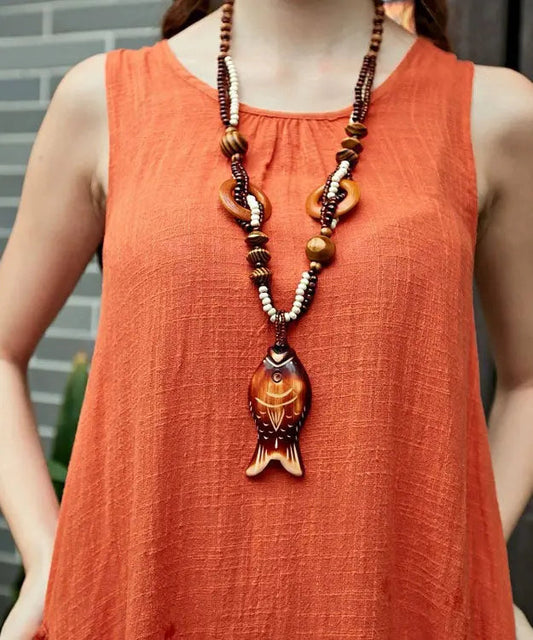 Handmade Brown Little Fish Beaded Pendant Necklace Ada Fashion