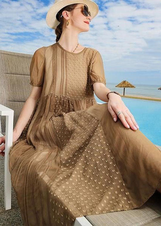 Handmade Brown O Neck Patchwork Silk Mid Dress Summer LC0253 - fabuloryshop