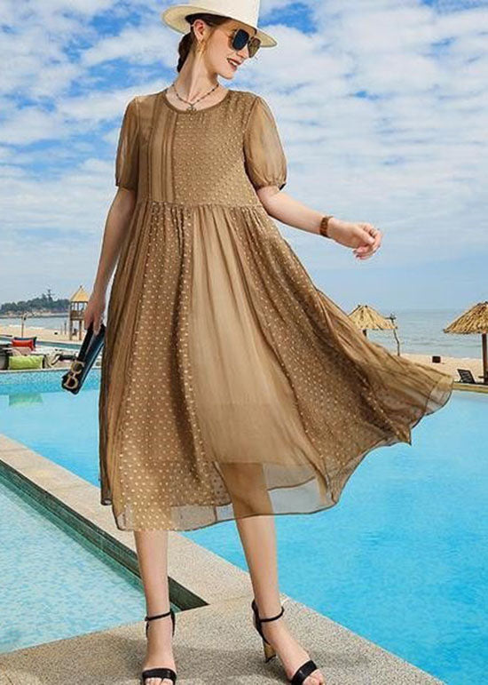 Handmade Brown O Neck Patchwork Silk Mid Dress Summer LC0253 - fabuloryshop