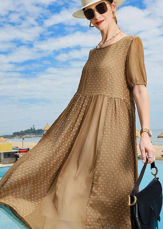 Handmade Brown O Neck Patchwork Silk Mid Dress Summer LC0253 - fabuloryshop