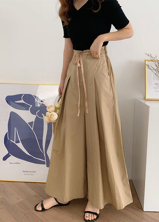 Handmade Camel Drawstring Elastic Waist Cotton Pleated Pants Skirt Summer LY2118