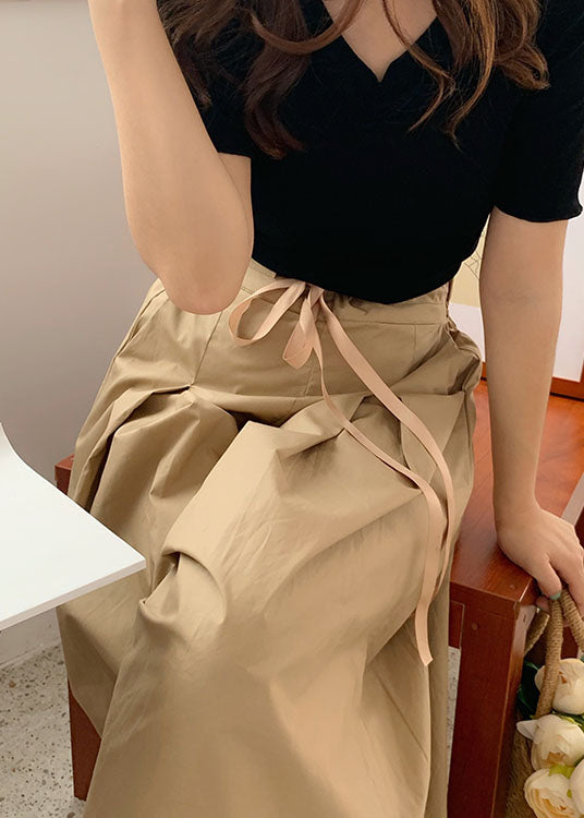 Handmade Camel Drawstring Elastic Waist Cotton Pleated Pants Skirt Summer LY2118 - fabuloryshop