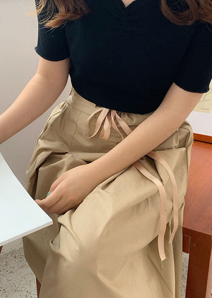 Handmade Camel Drawstring Elastic Waist Cotton Pleated Pants Skirt Summer LY2118 - fabuloryshop