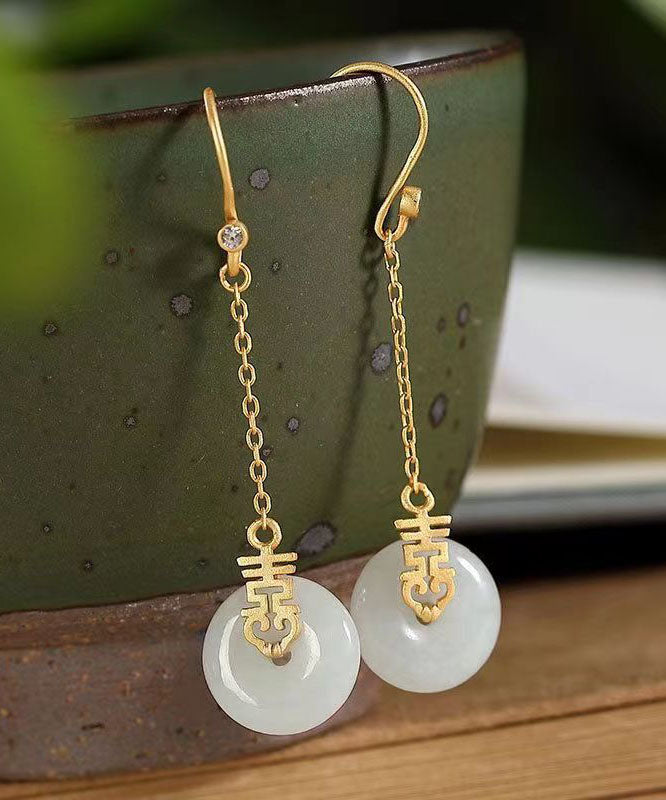 Handmade Chinese Style Jade Patchwork Silver Drop Earrings Ada Fashion