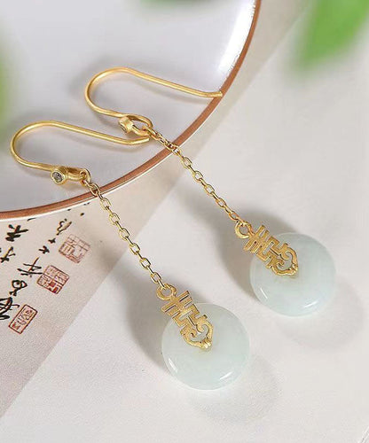 Handmade Chinese Style Jade Patchwork Silver Drop Earrings Ada Fashion