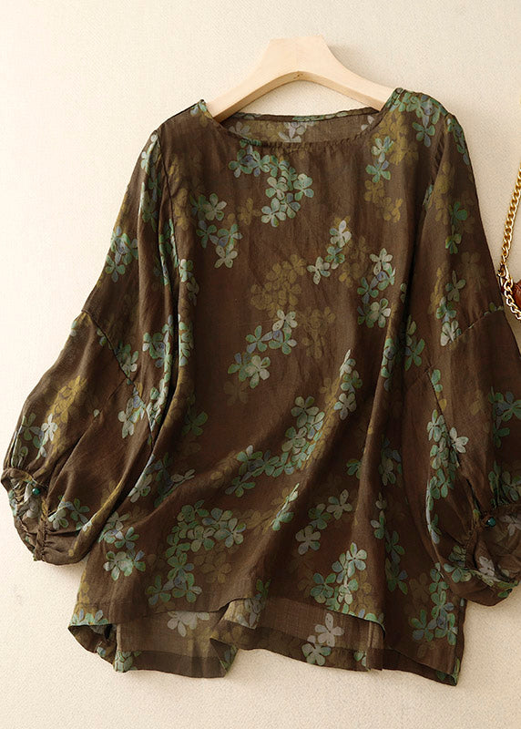 Handmade Coffee O-Neck Print Top Lantern Sleeve LY4529 - fabuloryshop