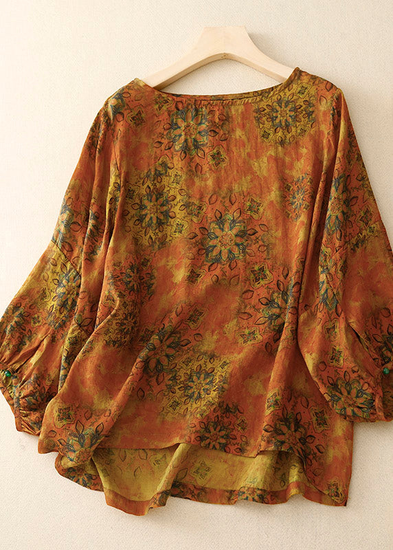 Handmade Coffee O-Neck Print Top Lantern Sleeve LY4529 - fabuloryshop