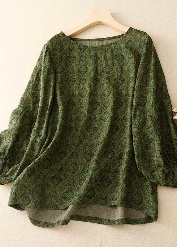 Handmade Coffee O-Neck Print Top Lantern Sleeve LY4529 - fabuloryshop