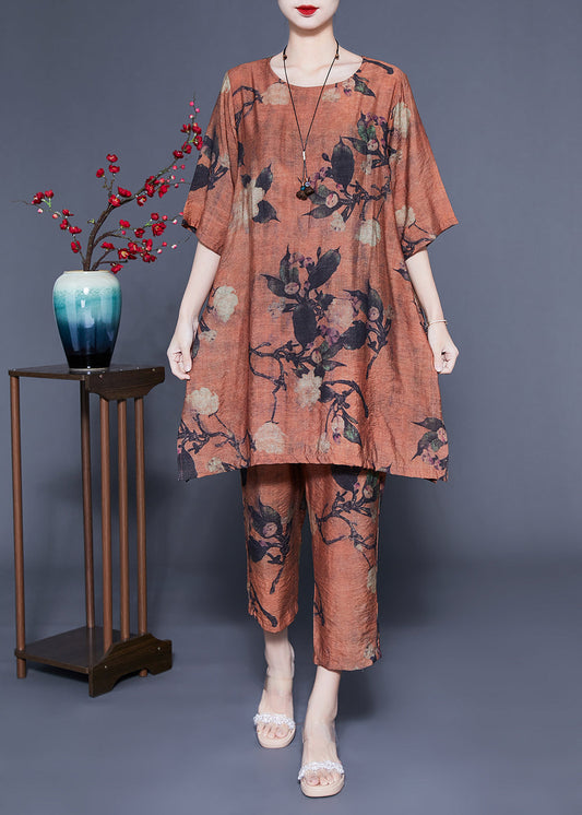 Handmade Coffee Oversized Print Linen Two Pieces Set Summer LY1087 - fabuloryshop
